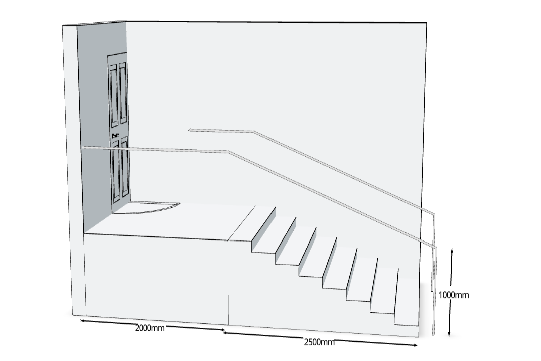 3D image of a set of stairs with two rails. The height of the rails is indicated, as well as the length of the stairs and landing.