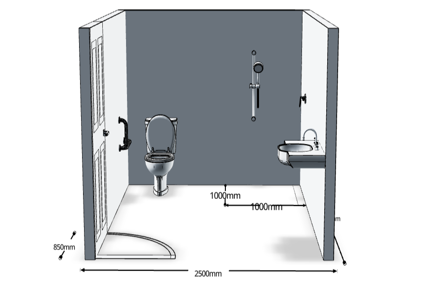 Example accessible image of bathroom environment with a toilet, handrail, vanity and flat shower.